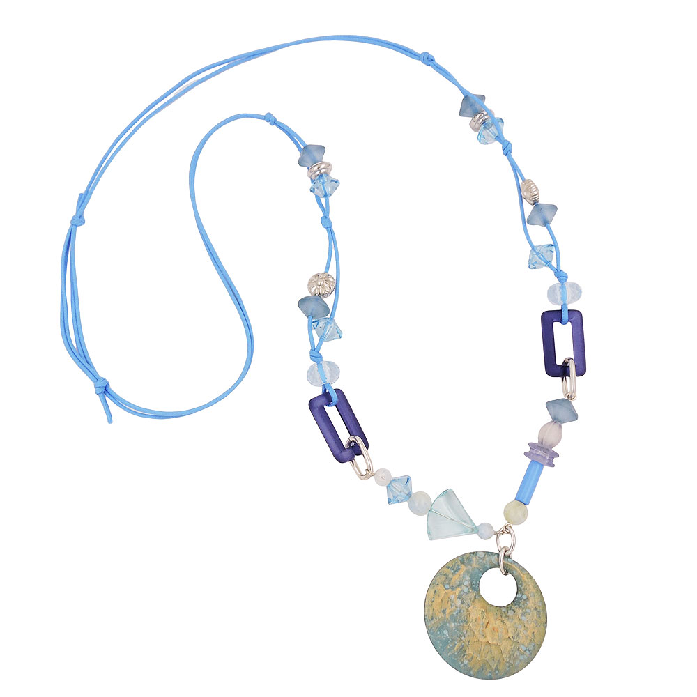 Kette 40mm Scheibe gehämmert türkis blau Kunststoff Kordel hellblau 90cm (Länge 90cm, hellblau)
