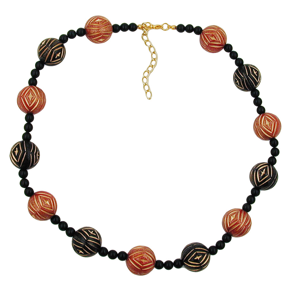Kette 18mm Gravurperlen schwarz-rot-goldfarben Kunststoff 50cm (Länge 50cm, rot - schwarz)
