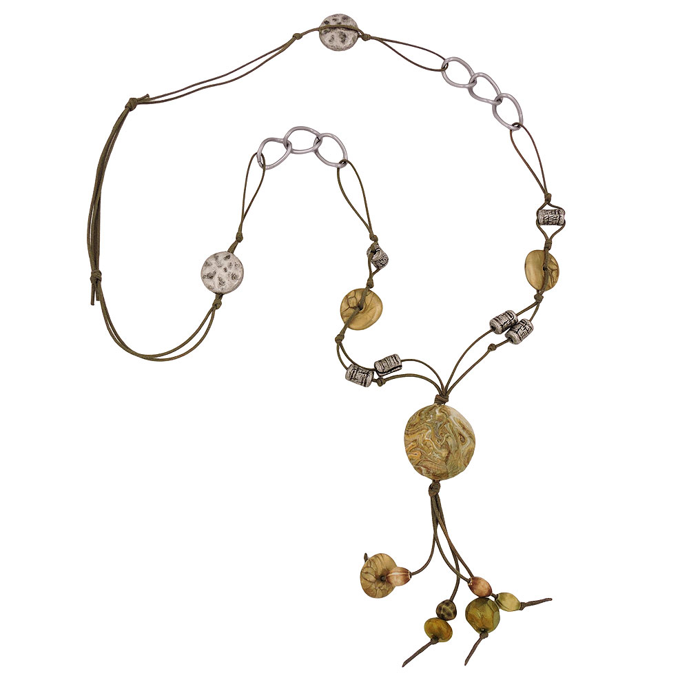 Kette Kunststoffperlen oliv-weiß altsilberfarben Kordel olivgrün 90cm (Länge 90cm, oliv-khaki)
