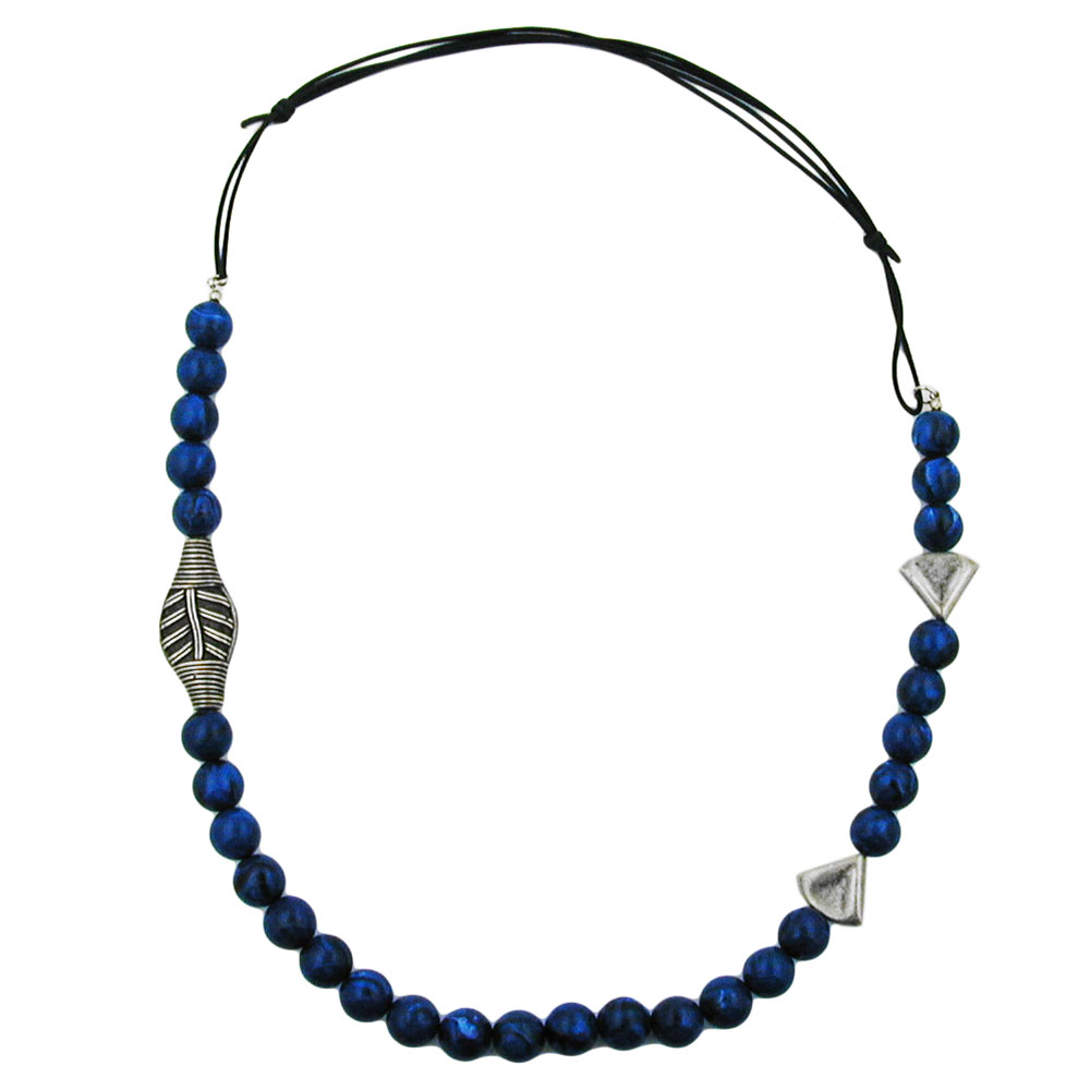 Kette Kunststoff Perlenkette blau altsilber Kordel blau 80cm (Länge 80cm, blau)