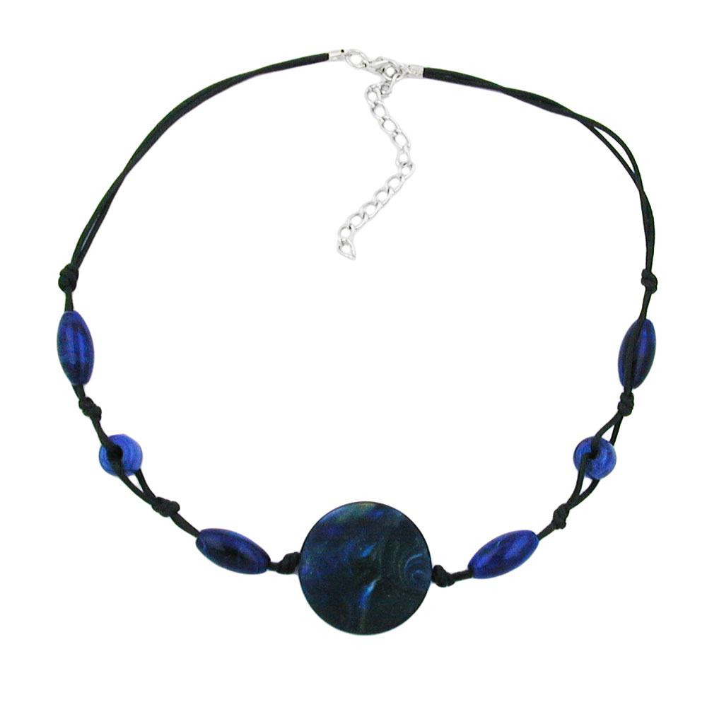 Kette 31x8mm Scheibe Kunststoff lapiz-blau-marmoriert Kordel schwarz 45cm (Länge 45cm, dunkelblau)
