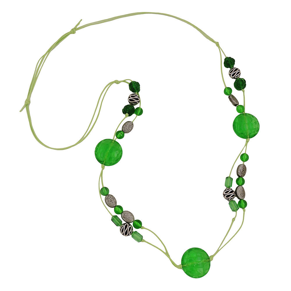 Kette 25mm Krokoperle grün-transparent und altsilberne Kunststoffperlen Kordel hellgrün 90cm (Länge 100cm, grün)