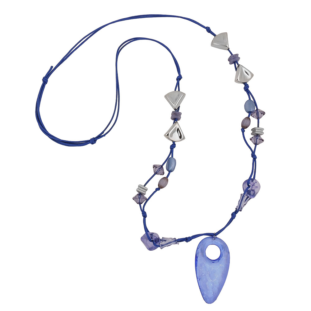 Kette Kunststoffperlen blau transparent silberfarben Faustkeil Kordel blau 90cm (Länge 90cm, blau)