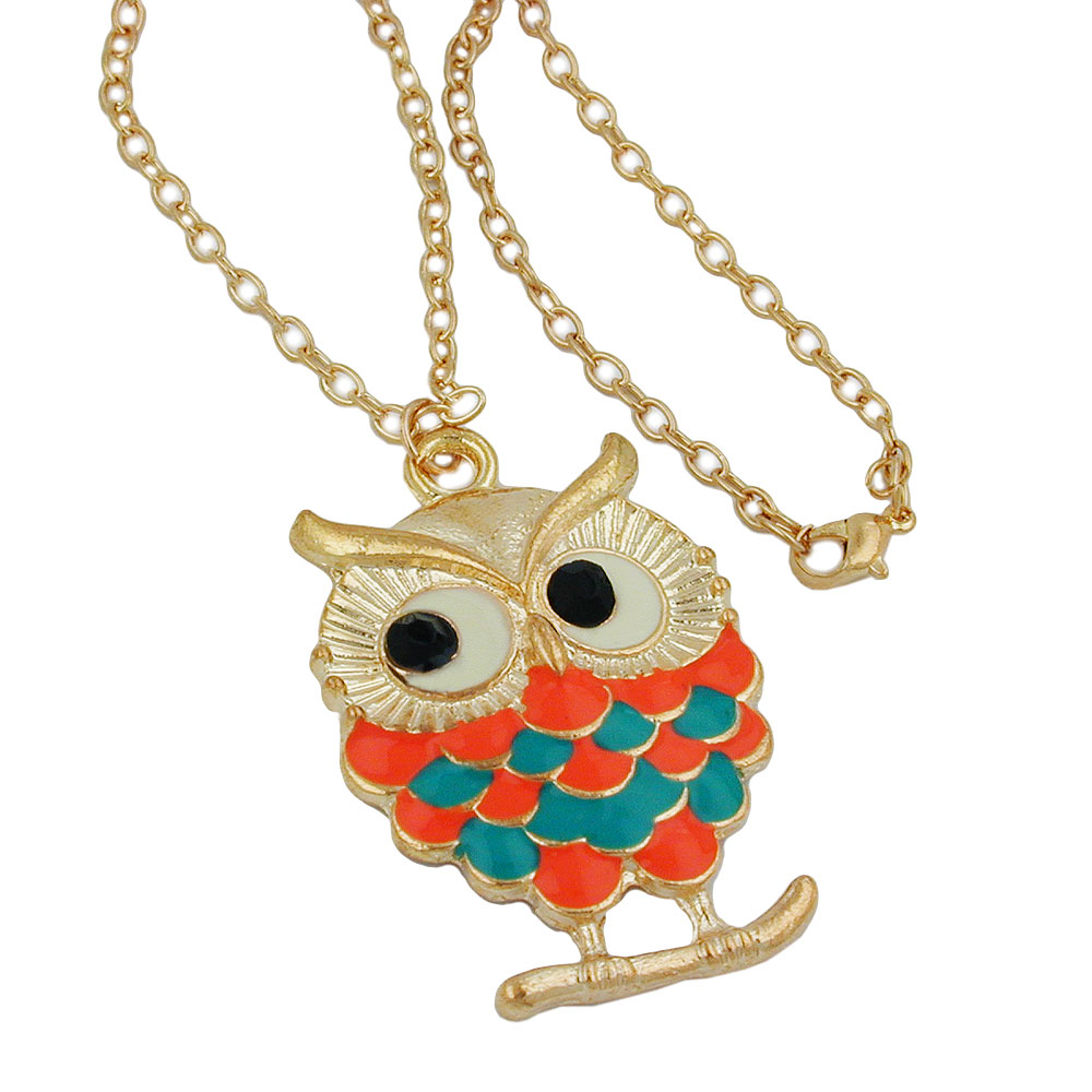 Kette Eule auf Ast 47x35mm orange-blau 70cm (Länge 70cm)