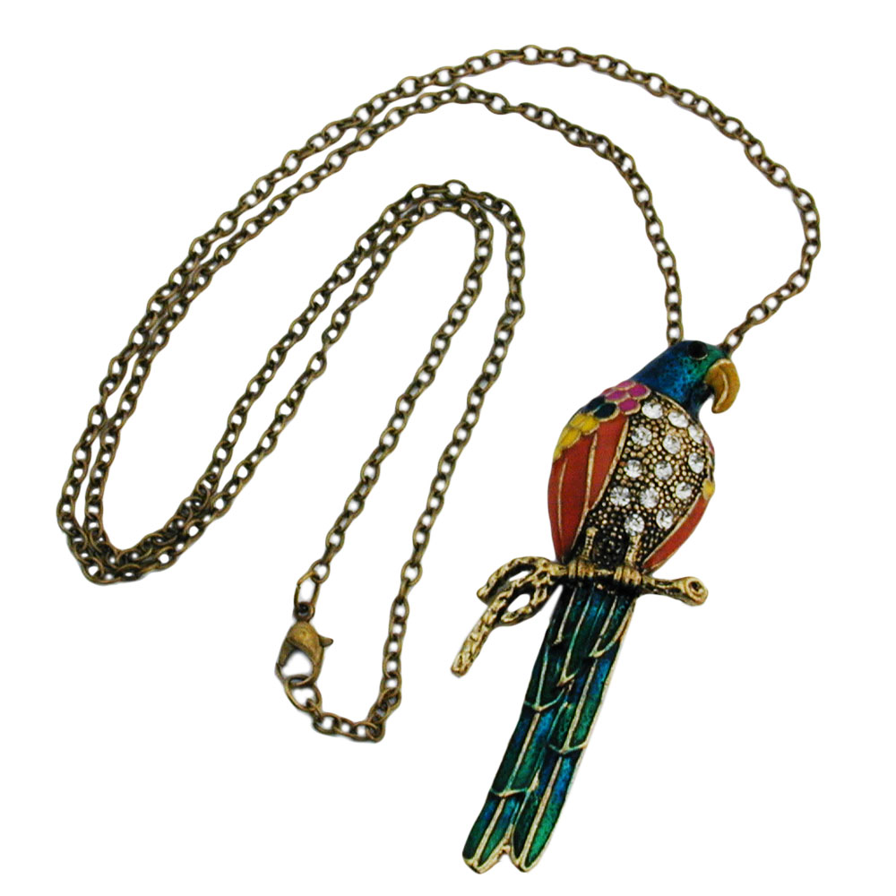 Kette 80x30mm Papagei Metall farbig lackiert mit weißen Glassteinen 70cm (Länge 70cm)