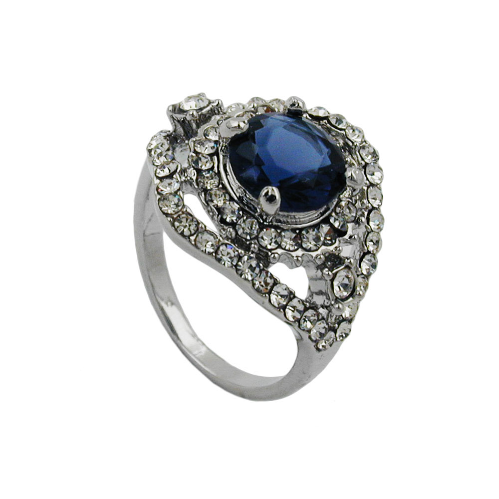 Ring 17mm großer blauer Glasstein mit kleinen weißen Glassteinen rhodiniert Ringgröße 56 (Ringgröße 56/18)
