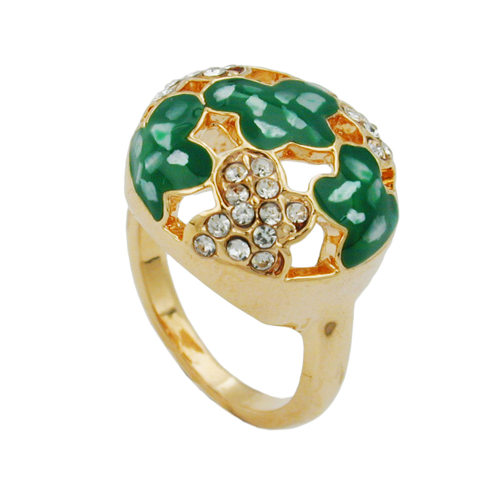 Ring 17mm mit weißen Glassteinen grün-emaillierten Flächen vergoldet Ringgröße 50 (Ringgröße 50/16)