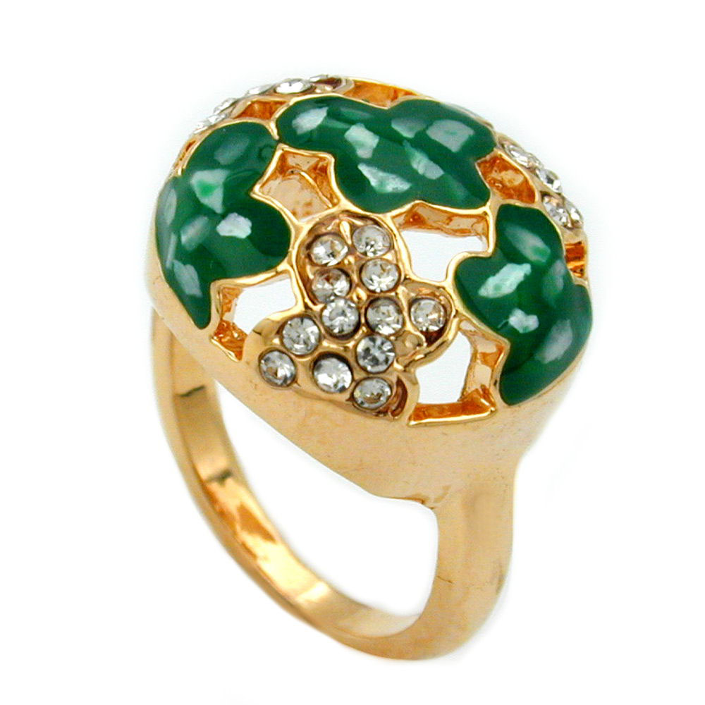 Ring 17mm mit weißen Glassteinen grün-emaillierten Flächen vergoldet Ringgröße 54 (Ringgröße 54/17)