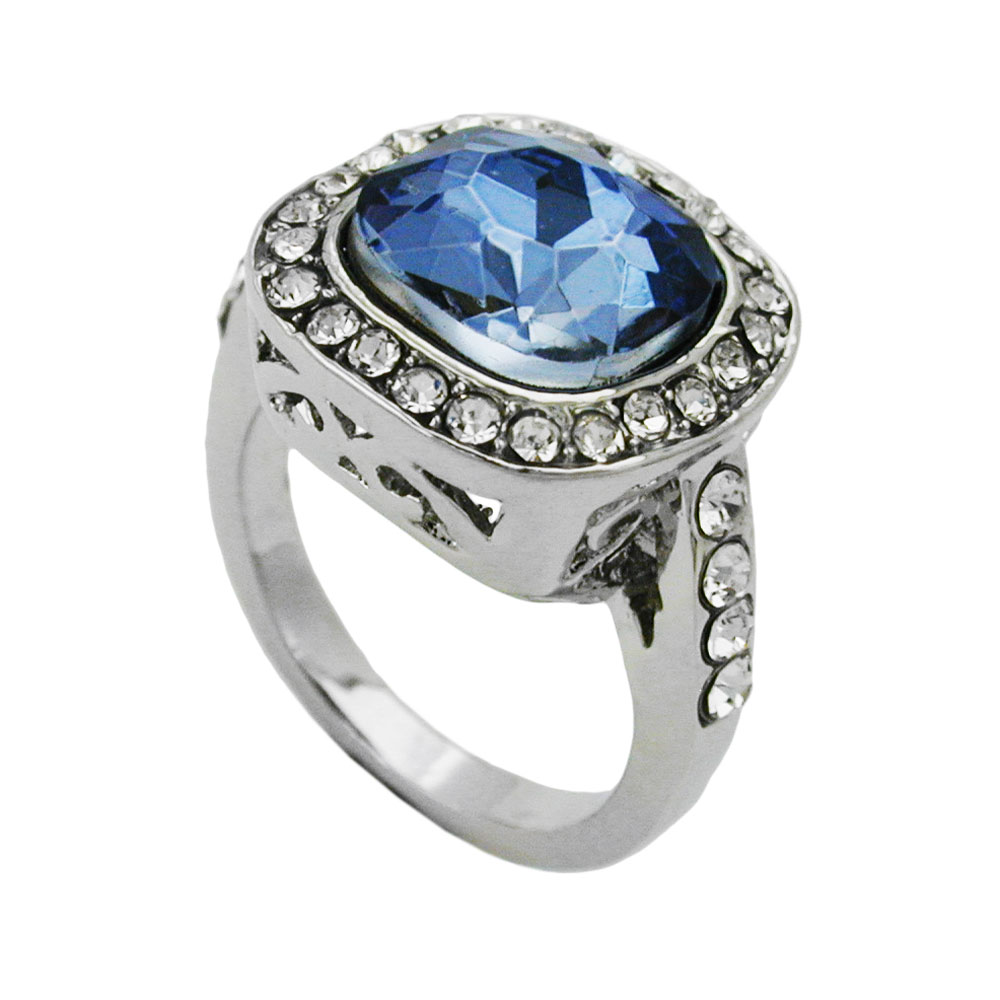 Ring 15,5mm großer blauer Glasstein mit kleinen weißen Zirkonias rhodiniert Ringgröße 52 (Ringgröße 52/16,5)