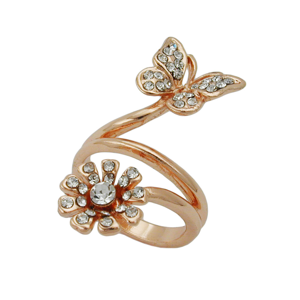 Ring 32mm Schmetterling und Blume mit weißen Glassteinen rotvergoldet Ringgröße 56 (Ringgröße 56/18)
