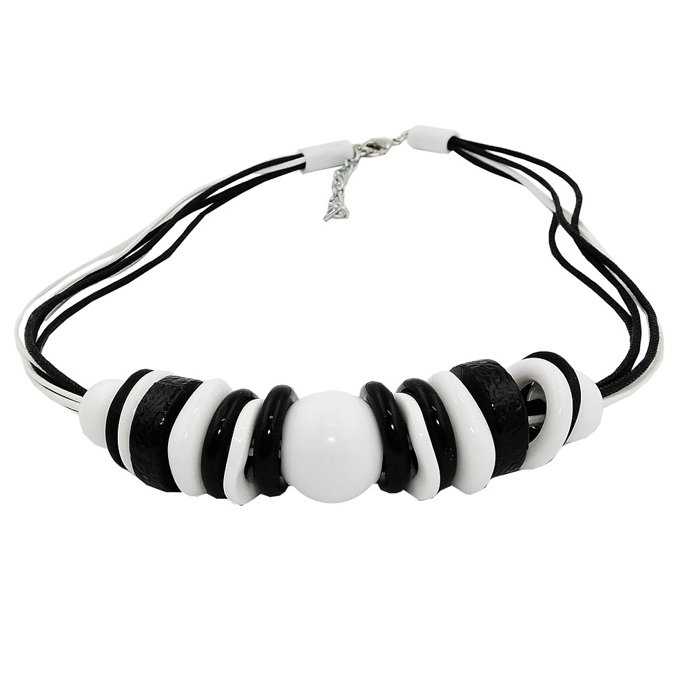 Kette Kunststoffperlen und Ringe schwarz-weiß 45cm (Länge 45cm, schwarz - weiß)