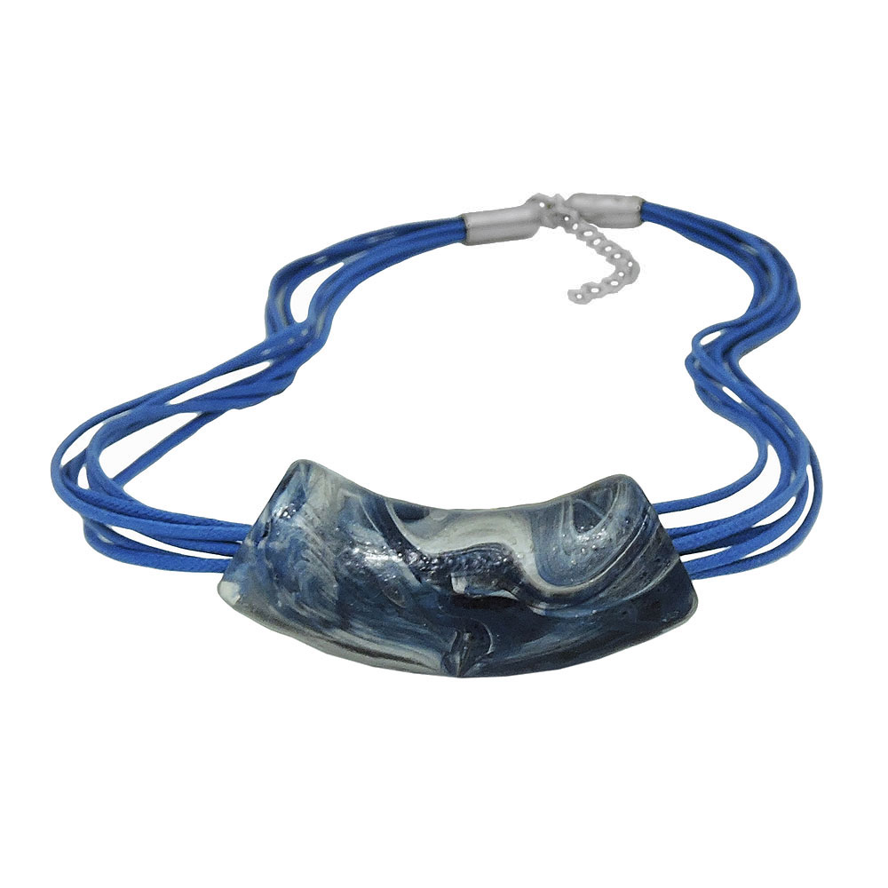 Kette 54x19mm Anhänger Rohr flach gebogen blau-silber-marmoriert glänzend Kunststoff 45cm (Länge 45cm, blau)