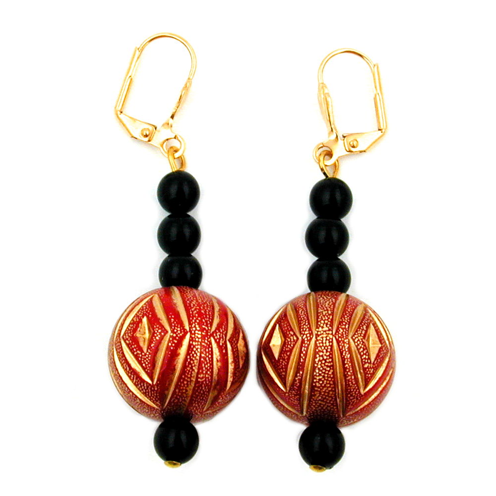 Ohrbrisur Ohrhänger Ohrringe 59x18mm goldfarben Schmuckperle rot-gold Kunststoff (rot - schwarz)