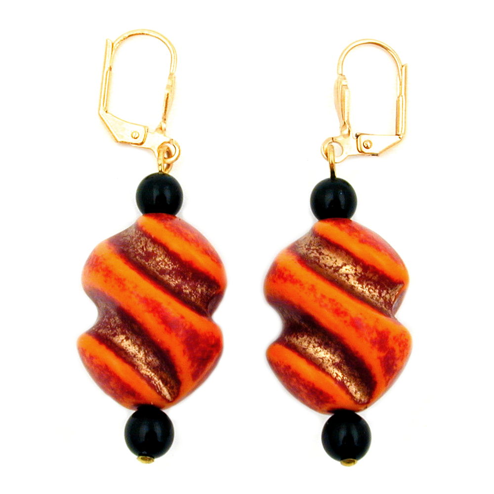 Ohrbrisur Ohrhänger Ohrringe 54x19mm goldfarben Schraubenperle rot-orange schwarz Kunststoff (orange)