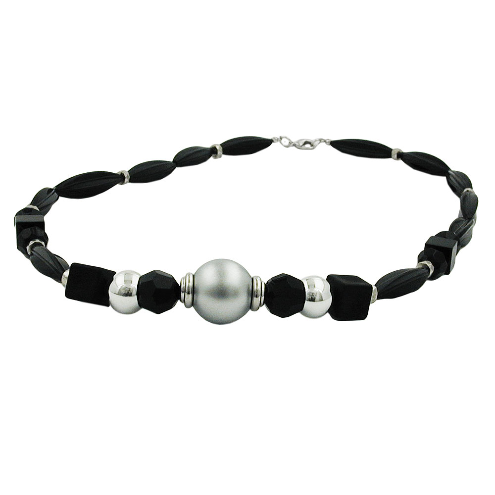 Kette 18mm Perle Kunststoff chrom matt Rillenolive schwarz 55cm (Länge 55cm, schwarz)