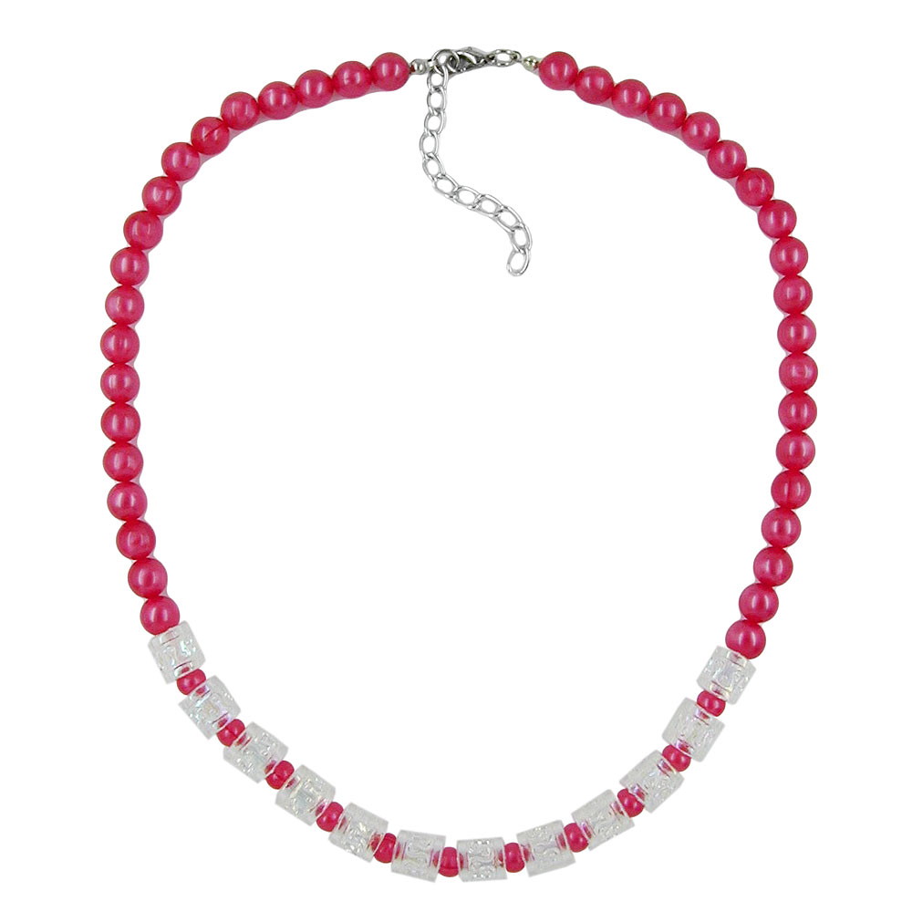 Kette 8mm Perlen Kunststoff rot-seidig und Walzenperle transparent 45cm (Länge 45cm, rot)