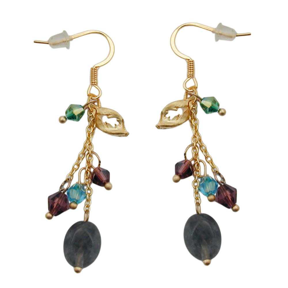 Ohrhaken Ohrhänger Ohrringe 55mm mit goldfarbenen Blatt und vielen bunten Perlen (multicolor)
