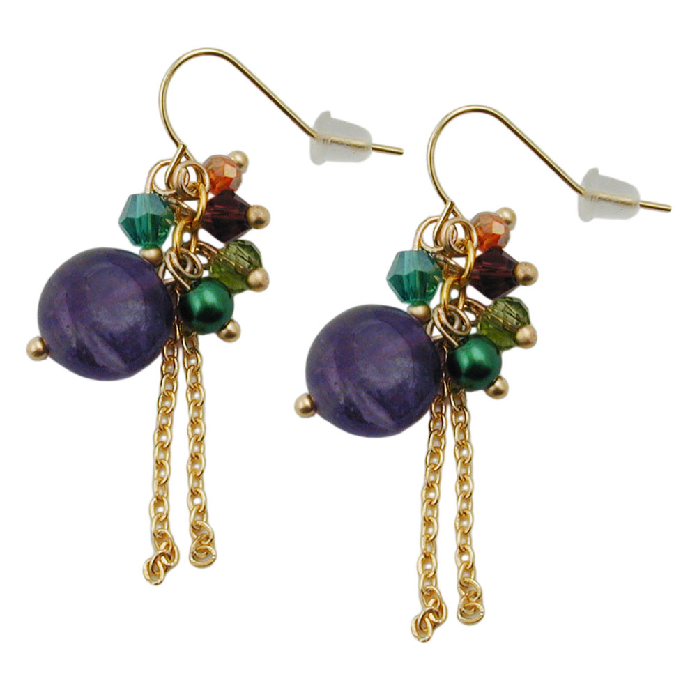 Ohrhaken Ohrhänger Ohrringe 43x10mm Kettchen mit Perlen braun türkis grün und Amethyst (multicolor)