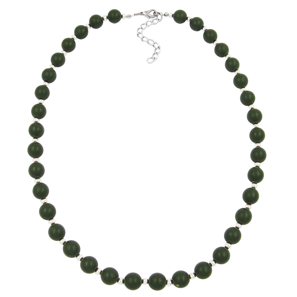 Kette 10mm Perle Kunststoff olivgrün-matt mit 4mm Perlen silberfarben 50cm (Länge 50cm, oliv - grün)