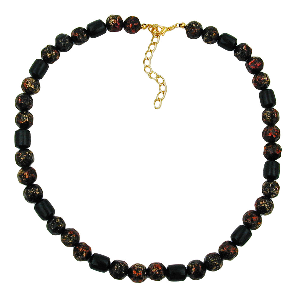 Kette 10mm Kunststoffperlen schwarz-rot-gold-gesprenkelt 42cm (Länge 42cm, rot - schwarz)