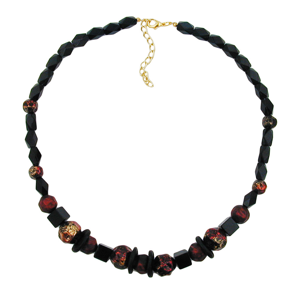 Kette Facettenperle schwarz und rot-gold-schwarz lackierte Kunststoffperlen 50cm (Länge 50cm, rot - schwarz)
