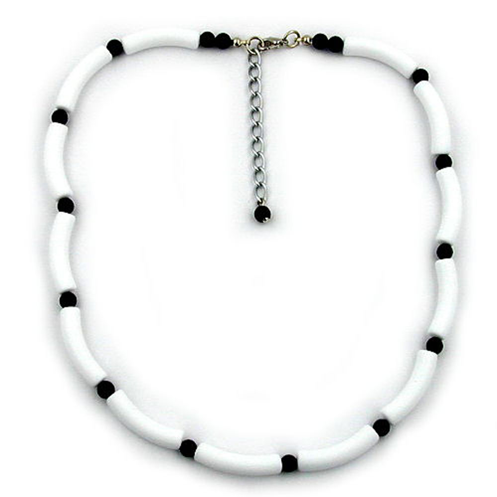 Kette 25x6mm Rohr Kunststoff weiß-matt und 6mm Perle schwarz 42cm (Länge 42cm, schwarz - weiß)