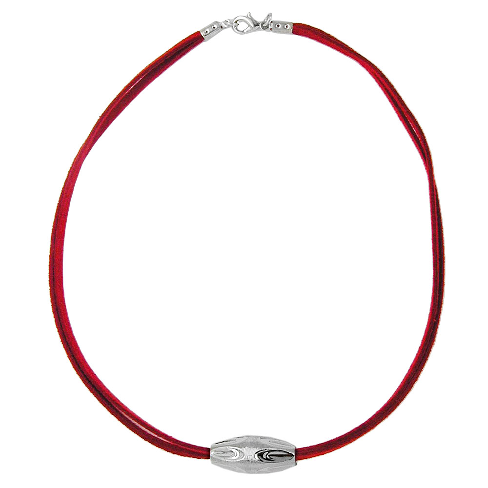 Kette Kunststoffperle Rillenolive chromfarben glänzend Velourband rot 42cm (Länge 42cm, rot)