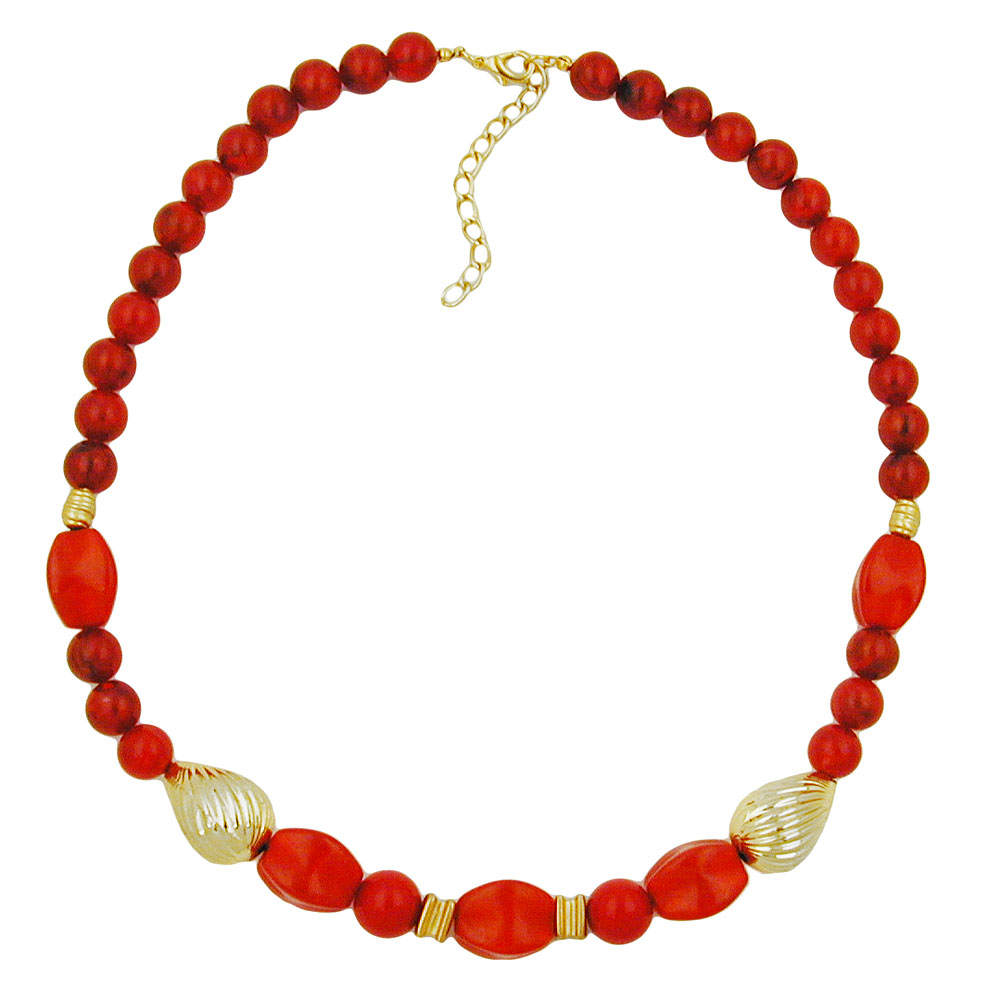 Kette Kunststoffperlen rot-marmoriert und goldfarben 50cm (Länge 50cm, rot)