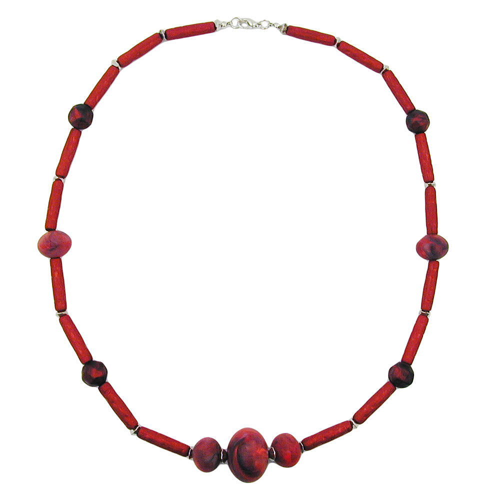Kette Barock-Röhren Kunststoff rot-metallic mit Tomaten-Perlen rot-marmoriert matt 60cm (Länge 60cm, rot)