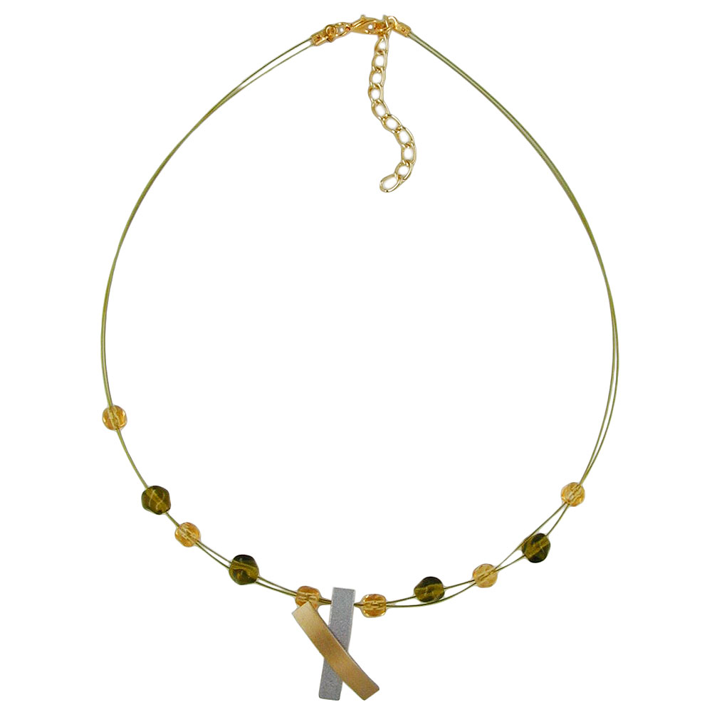 Kette Drahtkette Glasperlen olivfarben Metallanhänger X-Kreuz bicolor 42cm (Länge 42cm, oliv - grün)