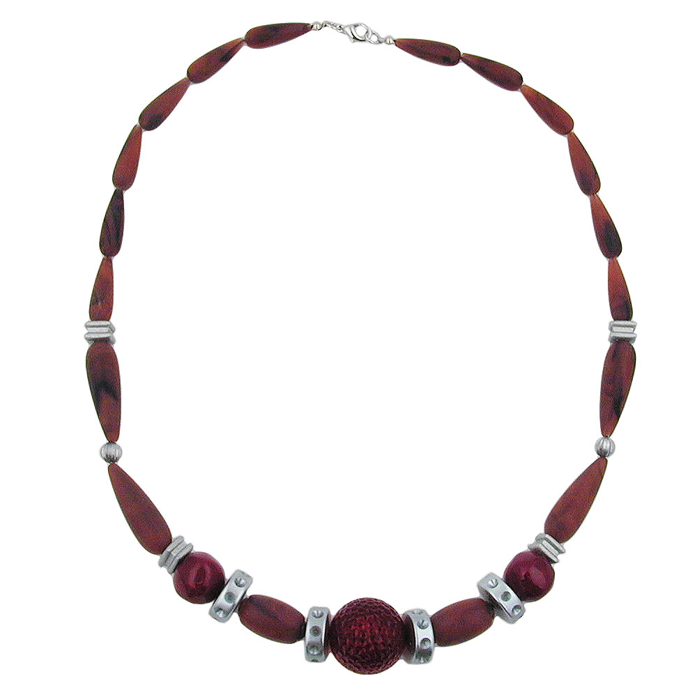 Kette Kunststoffperlen schokobraun weinrot altsilbergrau 55cm (Länge 55cm, rot)