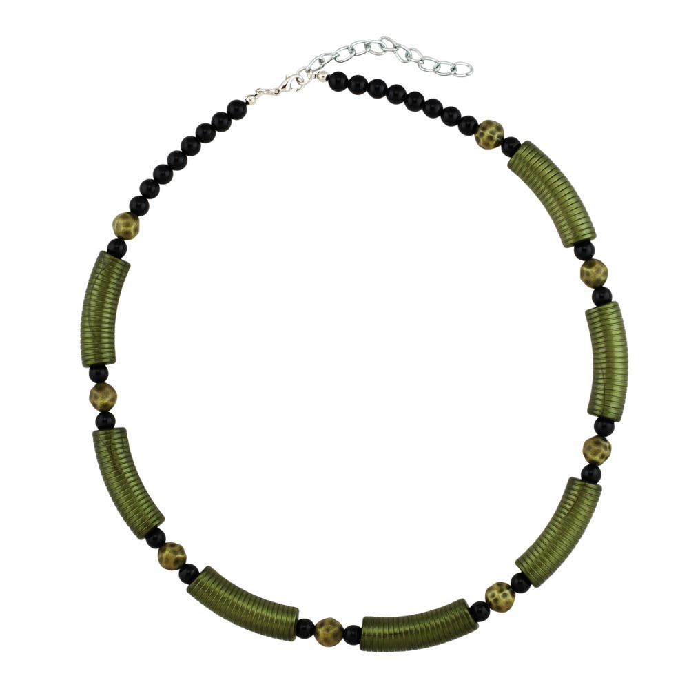 Kette 34x10mm Rillenwalze olivgrün Perle schwarz Kunststoff 45cm (Länge 45cm)