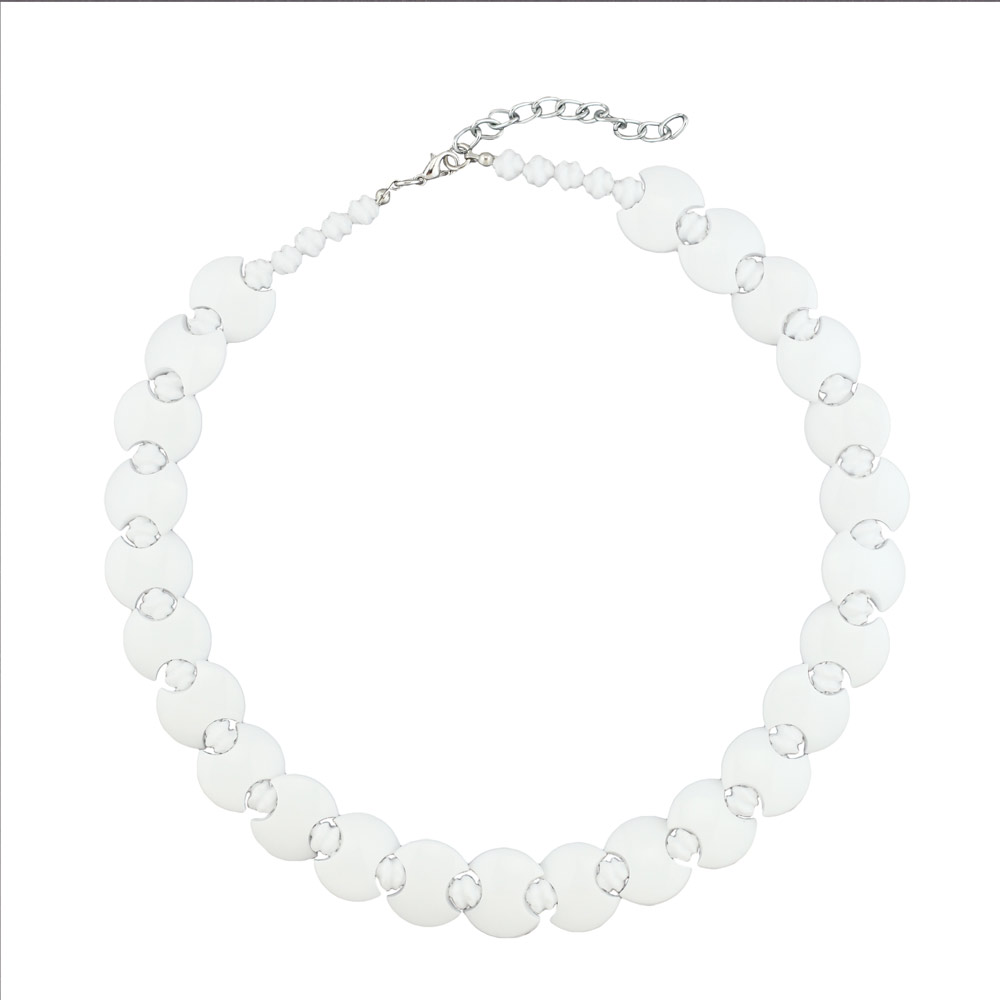 Kette 18mm Scheibe Kunststoff weiß glänzend Knotenperle weiß 43cm (Länge 43cm)