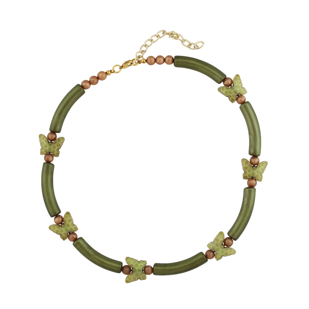 Kette 16mm Schmetterling Rohrperle Kunststoff oliv-seidig glänzend 40cm (Länge 40cm)