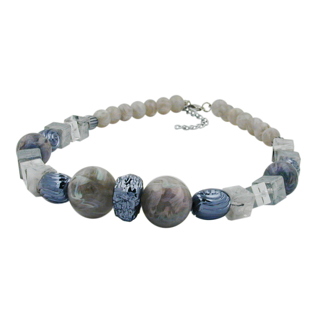 Kette 2x 20mm Perle silbergrau-lila-marmoriert Kunststoff 45cm (Länge 45cm, grau)