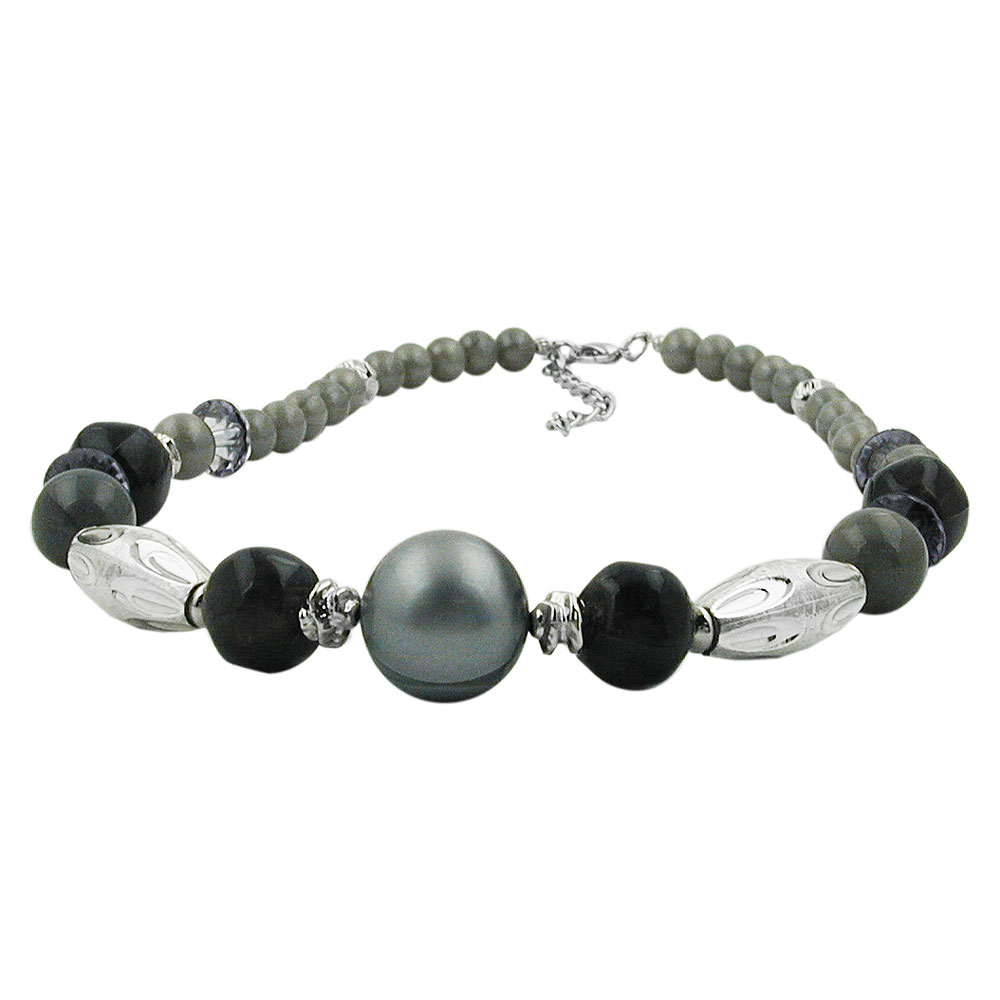 Kette Olive chrom Kunststoffperlen silbergrau 45cm (Länge 45cm, silbergrau)