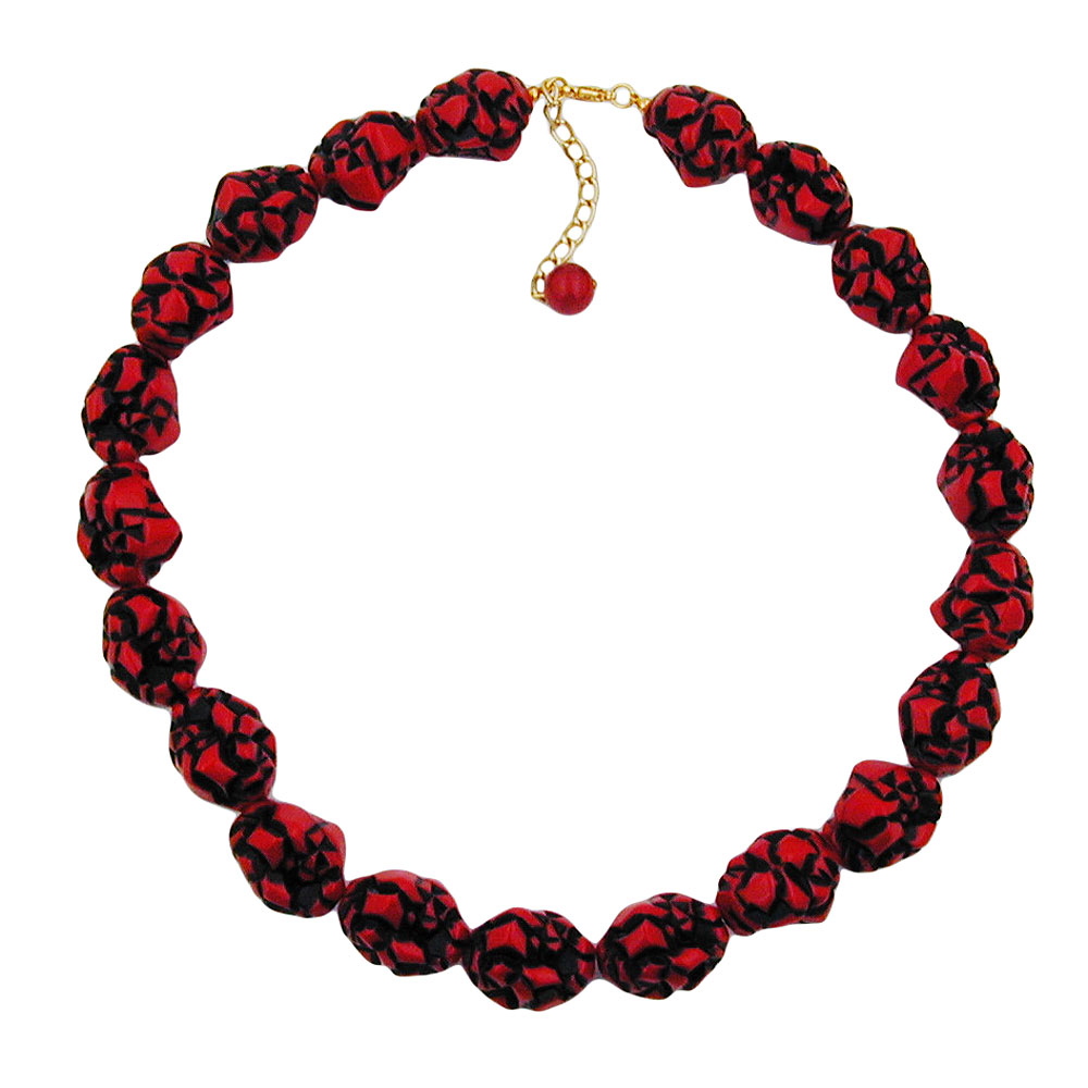Kette 23x19mm Kunststoffperlen Kieselstein rot-schwarz-marmoriert 50cm (Länge 50cm, rot - schwarz)