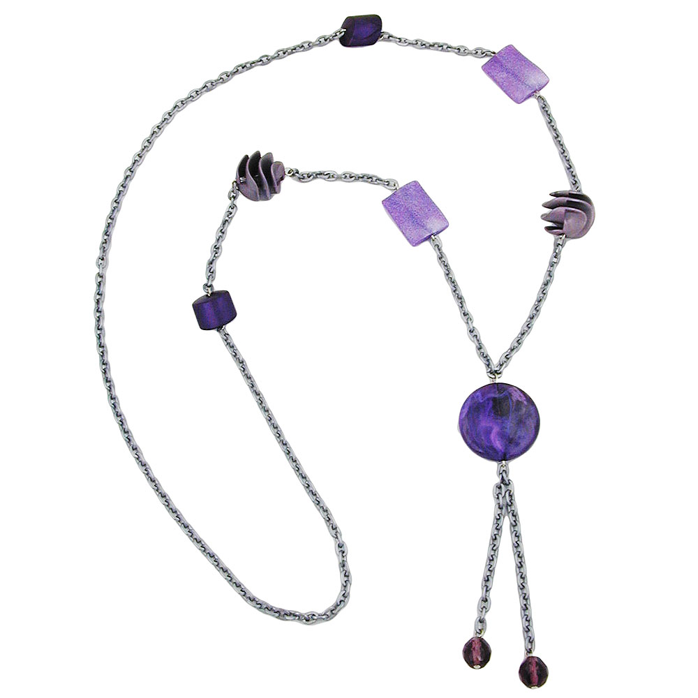 Kette Kunststoffperlen lila-flieder-grau-marmoriert Alu-Ankerkette grau 95cm (Länge 95cm, grau - lila)