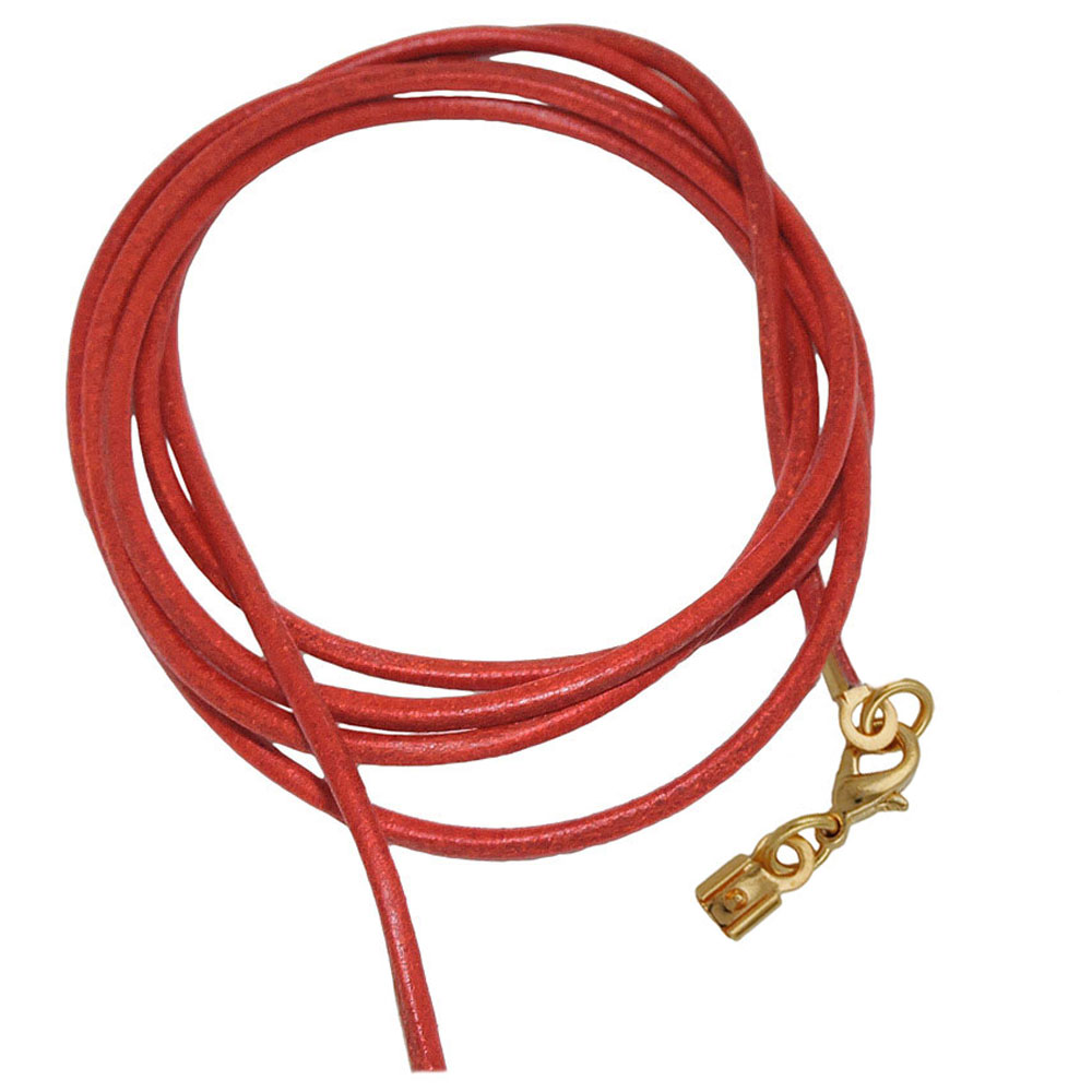 Lederband rund Rindleder 2mm rot gefärbt mit 1x Verschluss goldfarbig ca. 1m (Länge 100cm, rot)