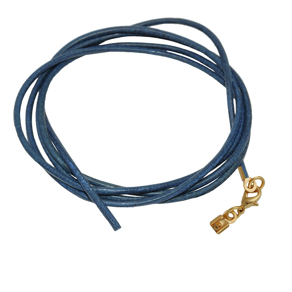 Lederband rund Rindleder 2mm blau gefärbt mit 1x Verschluss goldfarbig ca. 1m (Länge 100cm, dunkelblau)