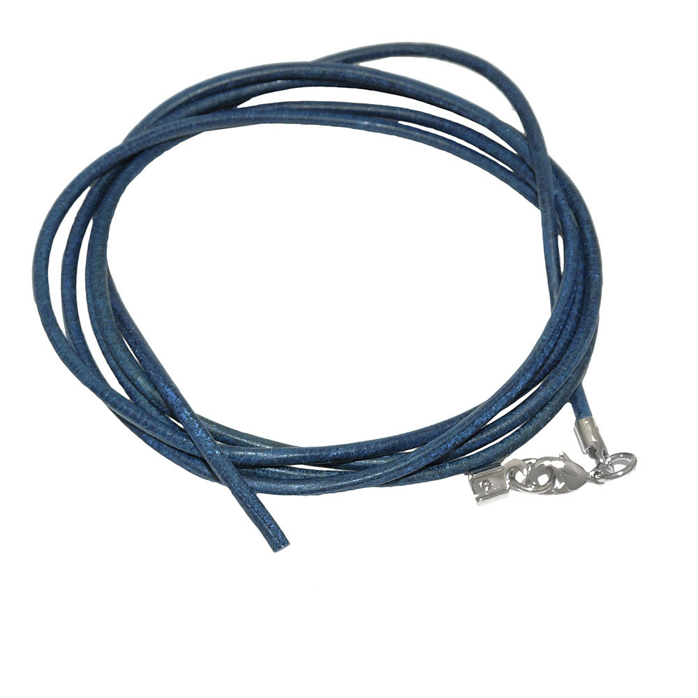 Lederband rund Rindleder 2mm blau gefärbt mit 1x Verschluss silberfarbig 1m (Länge 100cm, dunkelblau)