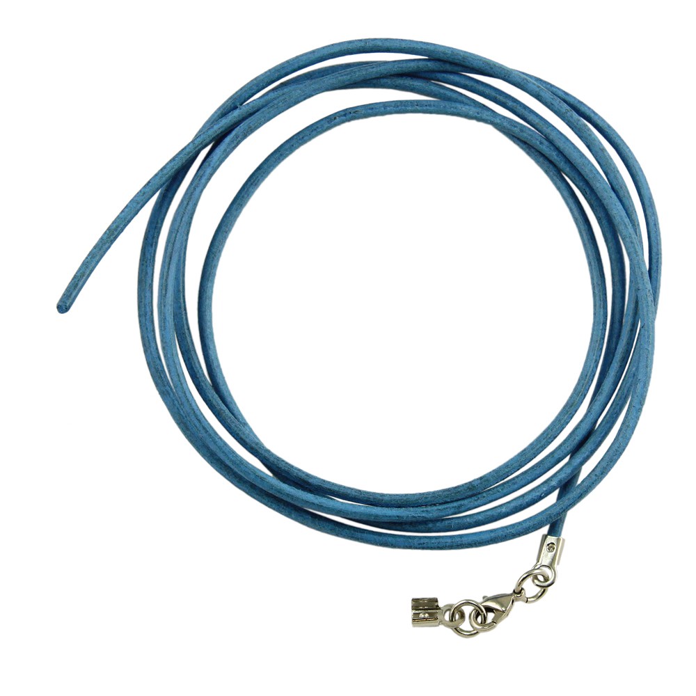 Lederband rund Rindleder 2mm hellblau gefärbt mit 1x Verschluss silberfarbig 1m (Länge 100cm, hellblau)
