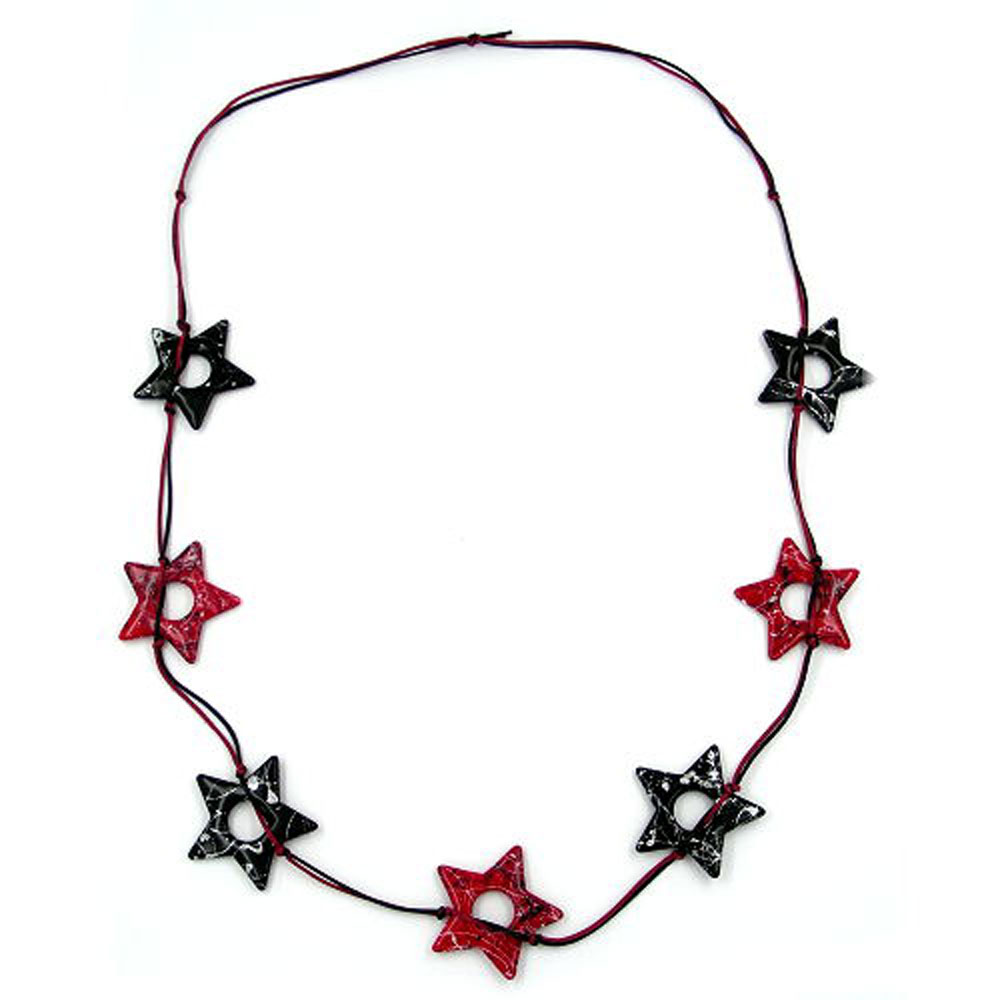 Kette 42mm 7x Fünfzack-Sterne rot schwarz gesprenkelt Kunststoff Kordel 100cm (Länge 90cm, rot - schwarz)