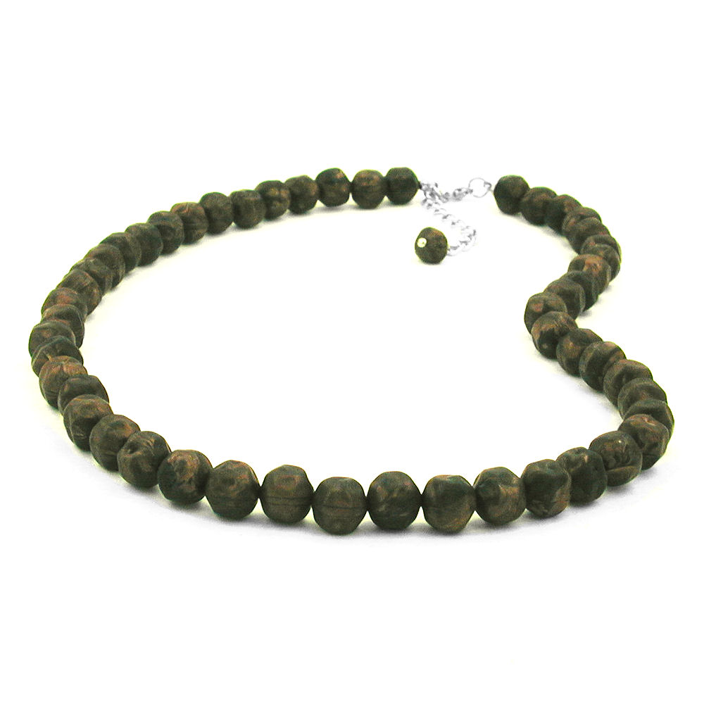 Kette 10mm Kunststoffperlen Barockperlen olivgrün-schwarz-marmoriert 50cm (Länge 50cm, oliv - grün)