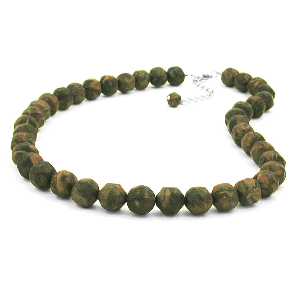 Kette 12mm Kunststoffperlen Barockperlen olivgrün-schwarz-marmoriert 50cm (Länge 50cm, oliv - grün)