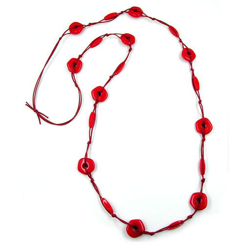 Kette geknotet Kunststoffperlen rot-glänzend Kordel rot 100cm (Länge 100cm)