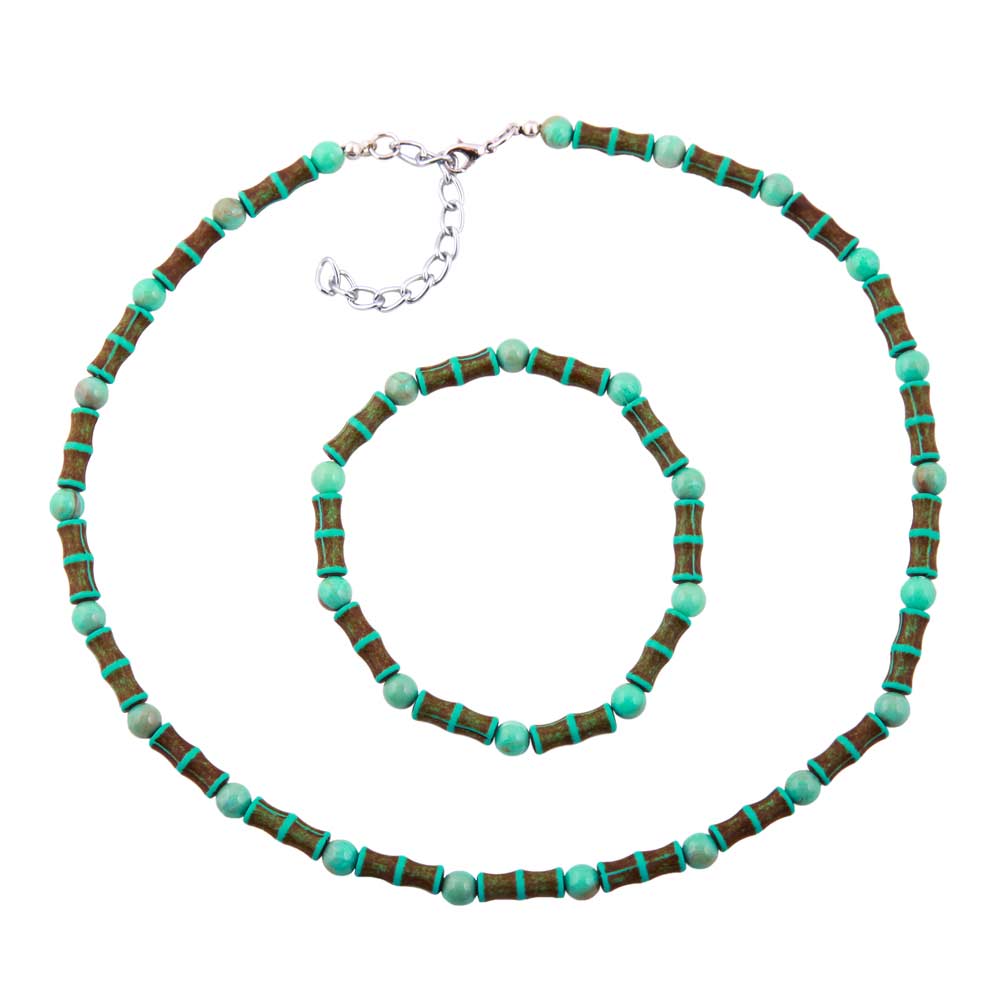 Set Kette Armband 14x5mm Perlen türkisfarbig Kunststoff 42cm (Länge 42cm)