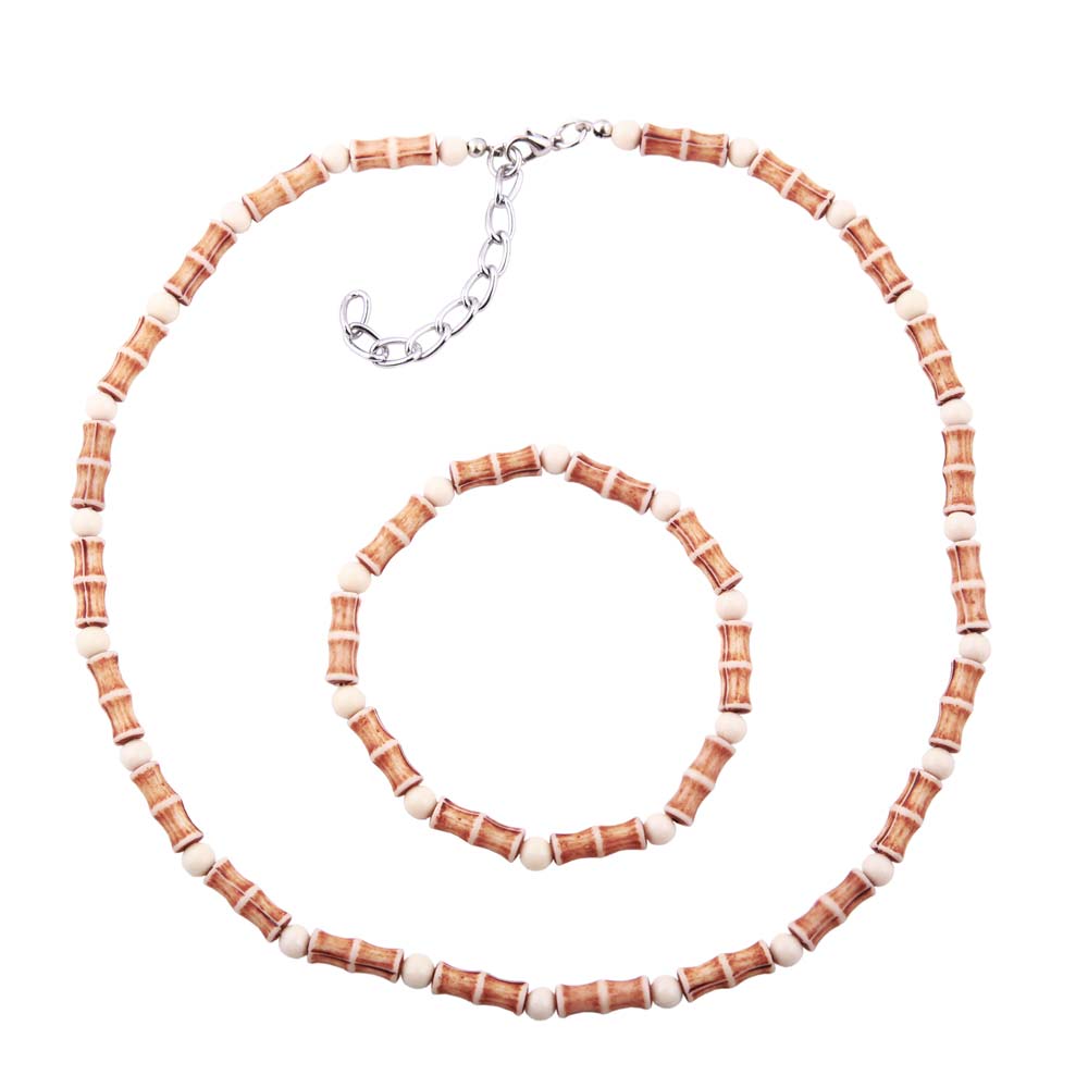 Set Kette Armband 14x5mm Perlen hellbraun-beige Kunststoff 42cm (Länge 42cm)