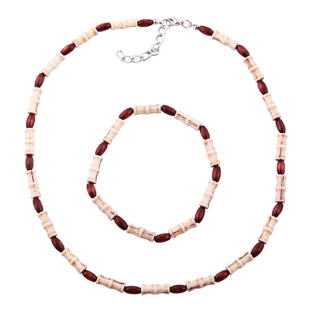 Set Kette Armband 14x5mm Perlen beige-braun Kunststoff 42cm (Länge 42cm)