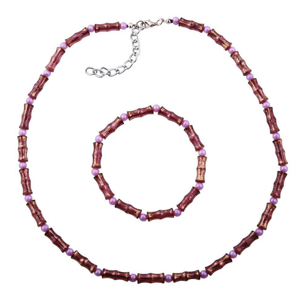 Set Kette Armband 14x5mm Perlen lila-goldfarben Kunststoff 42cm (Länge 42cm)